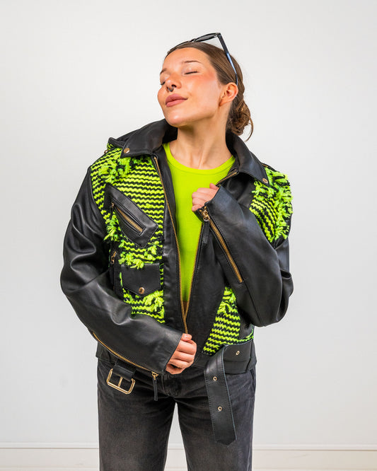 Aino Heiniö, nahkatakki, musta/neon